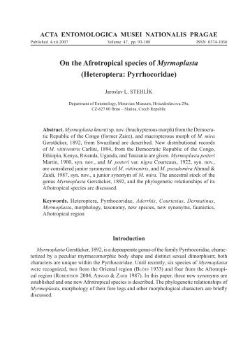 On the Afrotropical species of Myrmoplasta - Acta Entomologica ...