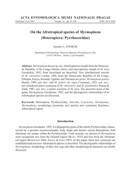 On the Afrotropical species of Myrmoplasta - Acta Entomologica ...