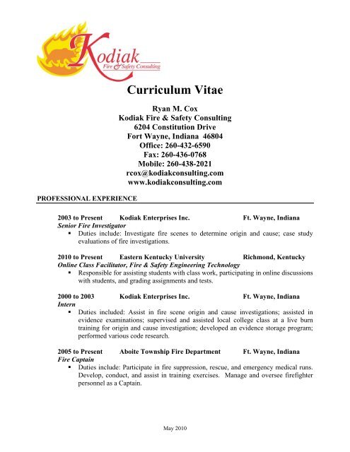 Curriculum vitae for fire service