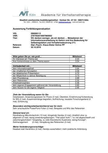 Auswertung Fortbildungsevaluation - KÃ¶lner Therapietage