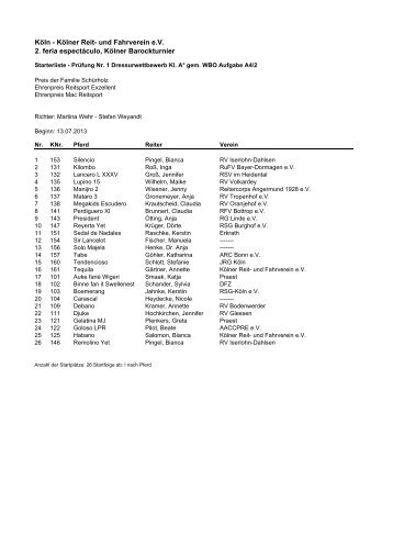 Starterlisten PrÃ¼fungen Nr. 1 bis Nr. 5 - KÃ¶lner Reit- und Fahrverein eV