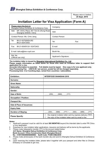 Invitation Letter for Visa Application (Form A)