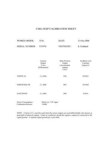 CMG-3ESP CALIBRATION SHEET