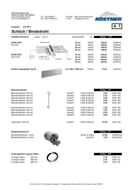 Preisliste Armierung