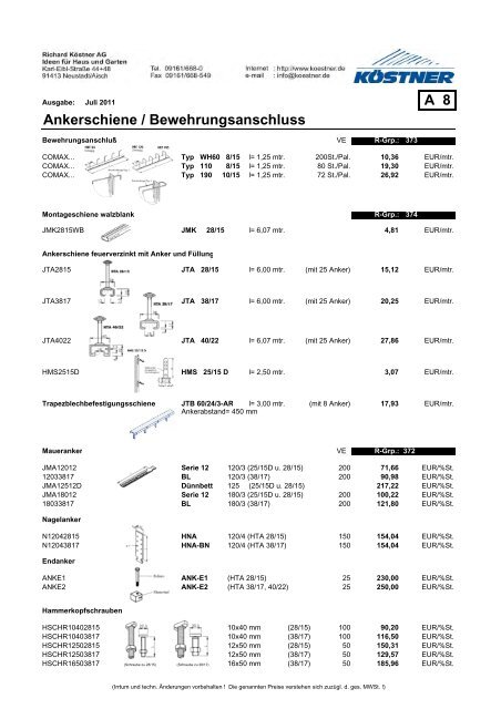 Preisliste Armierung