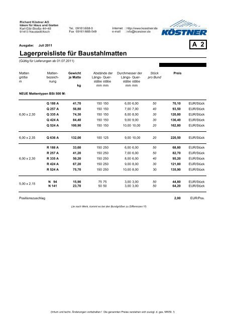 Preisliste Armierung