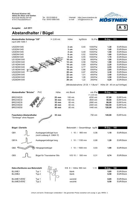 Preisliste Armierung