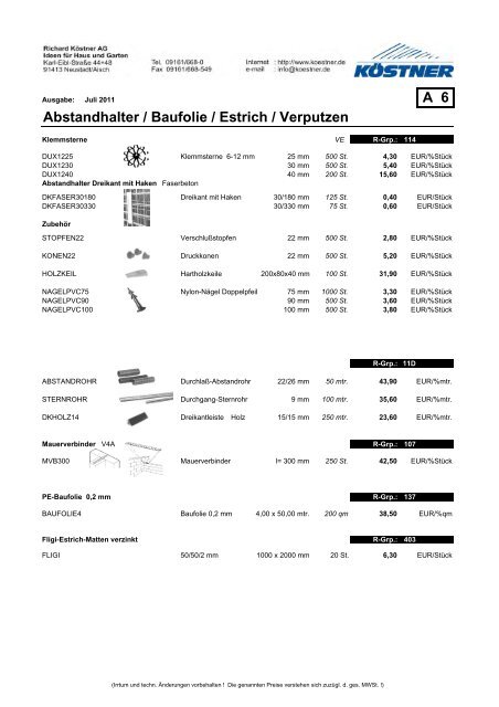 Preisliste Armierung