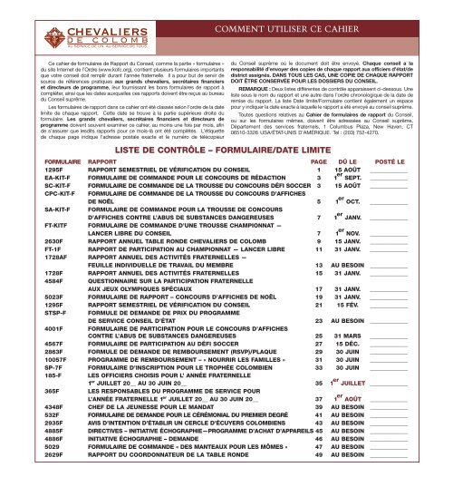 CAHIER DE FORMULAIRES - Knights of Columbus, Supreme Council