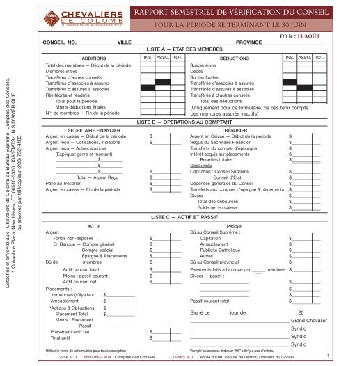 CAHIER DE FORMULAIRES - Knights of Columbus, Supreme Council