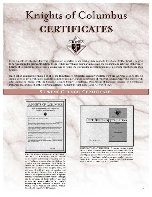 FRATERNAL RECOGNITION CERTIFICATES - Knights of Columbus ...