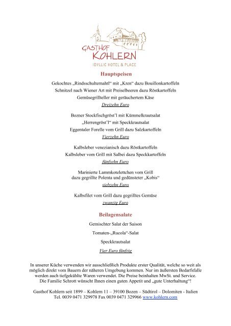 Speisekarte Ã  la carte (pdf) - Kohlern