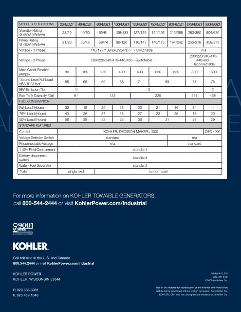 Towable Generator Brochure - Kohler Power