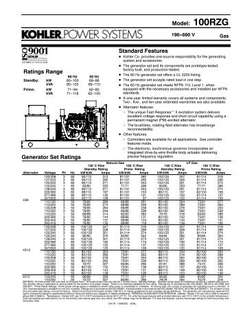 100RZG Generator Set Ratings - Kohler Power