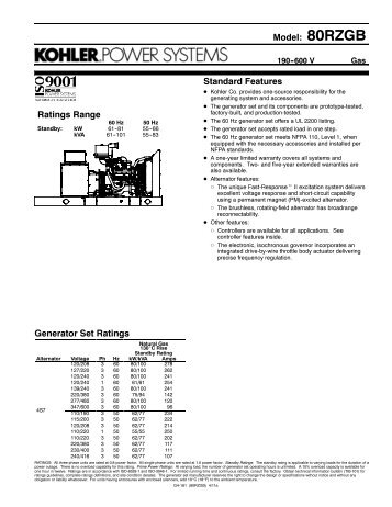 80RZGB Generator Set Ratings - Kohler Power
