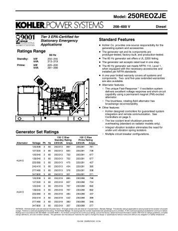 250REOZJE Standard Features Ratings Range Generator Set Ratings