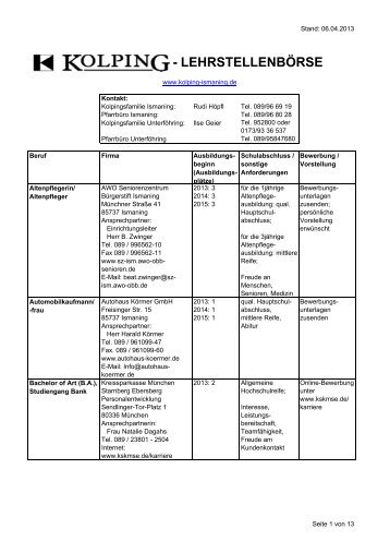 - LEHRSTELLENBÃRSE - bei der Kolpingsfamilie Ismaning
