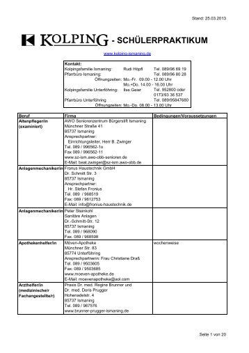 - SCHÃLERPRAKTIKUM - bei der Kolpingsfamilie Ismaning