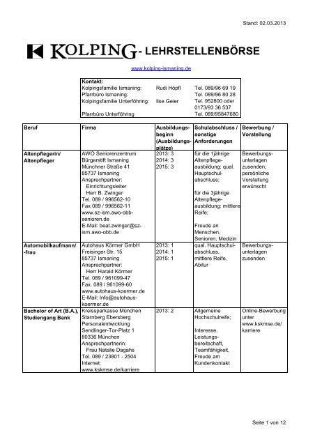 - LEHRSTELLENBÃRSE - bei der Kolpingsfamilie Ismaning