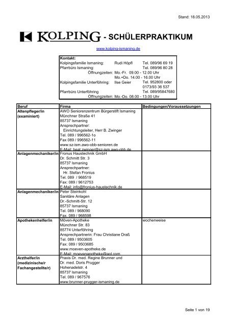 - SCHÃLERPRAKTIKUM - bei der Kolpingsfamilie Ismaning