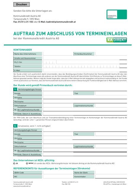 Auftrag zum Abschluss von Termineinlagen - Kommunalkredit ...