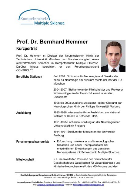 Prof. Dr. Bernhard Hemmer KurzportrÃ¤t - Kompetenznetz Parkinson