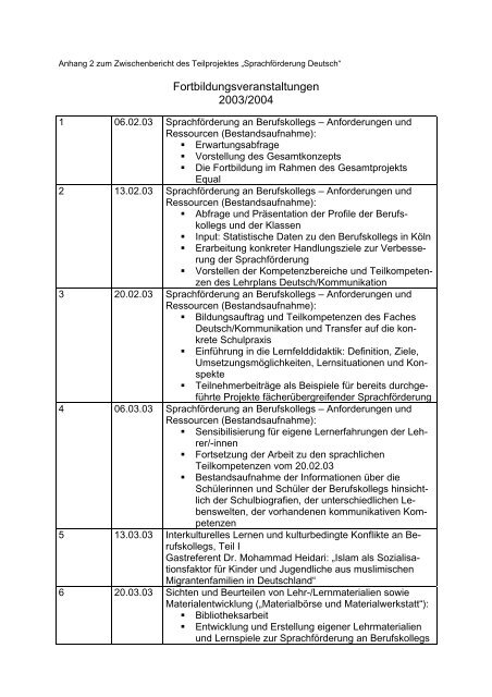 Zwischenbericht des Teilprojektes âSprachfÃ¶rderung Deutschâ