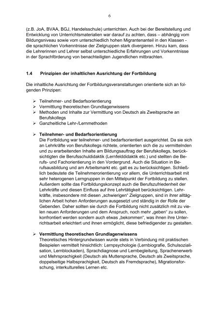 Zwischenbericht des Teilprojektes âSprachfÃ¶rderung Deutschâ