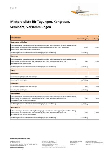 Mietpreistarif fÃ¼r die Augsburger Kongresshalle - Kongress am Park ...