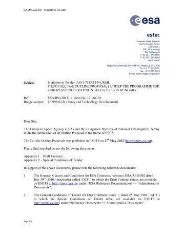 AO/1-7135/12/NL/KML FIRST CALL FOR OUTLINE PROPOSALS ...