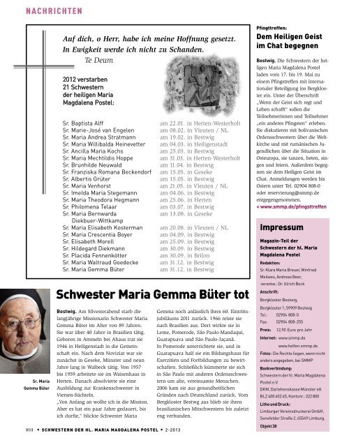 Schwestern der heiligen Maria Magdalena Postel - Kontinente