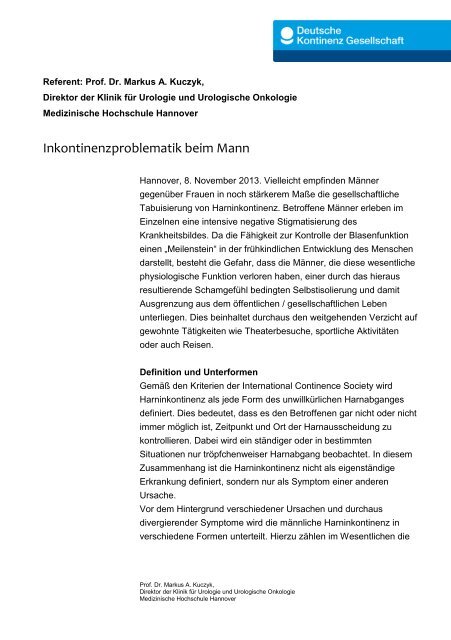 Statement Prof. Dr. Markus A. Kuczyk - Deutsche Kontinenz ...