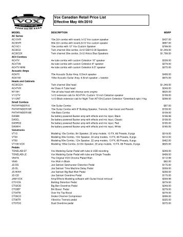 Vox Canadian Retail Price List Effective May 4th/2010 - Korg Canada