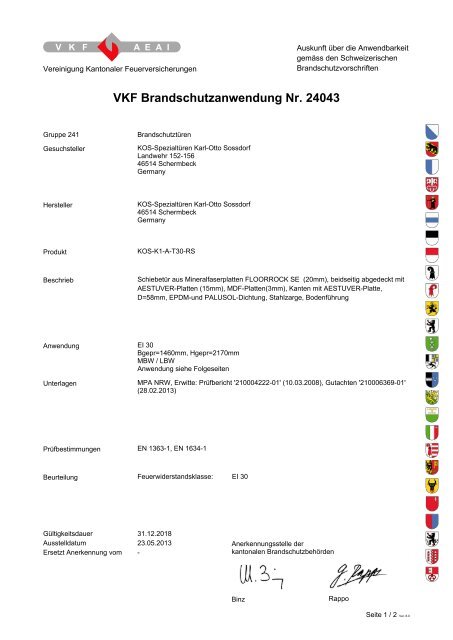 VKF Brandschutzanwendung Nr. 24043 - Kos-tueren.de