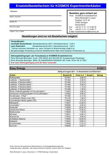 Ersatzteilbestellschein: Easy Energy - Kosmos