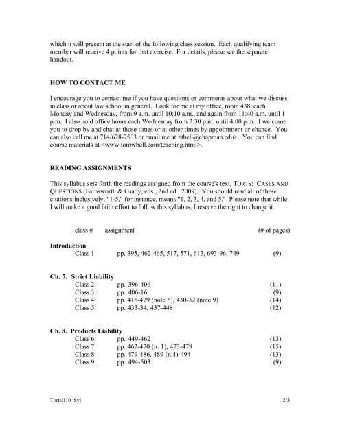 LAW 7115-03: TORTS II SYLLABUS Prof. Bell Spring ... - Tom W. Bell