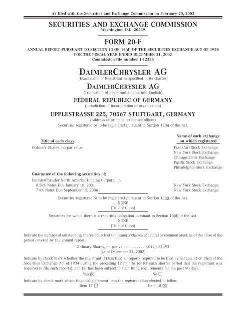 SECURITIES AND EXCHANGE COMMISSION FORM 20-F - Daimler