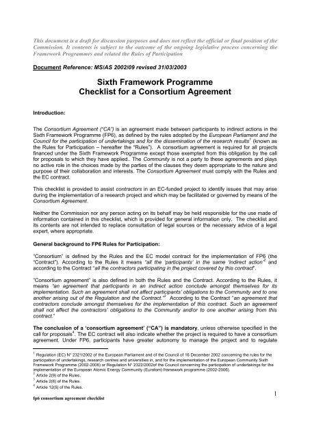 Consortium agreement checklist - European Commission