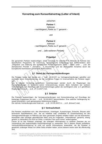 Vorvertrag zum Konsortialvertrag (Letter of Intent) - KoWi