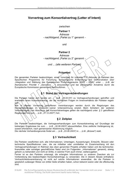 Vorvertrag zum Konsortialvertrag (Letter of Intent) - KoWi