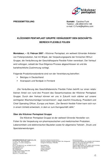 2007-02-08 Press Release_DE - KlÃ¶ckner Pentaplast