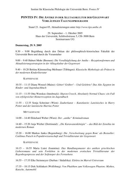 Tagungsprogramm - Institut fÃ¼r Klassische Philologie - UniversitÃ¤t Bern