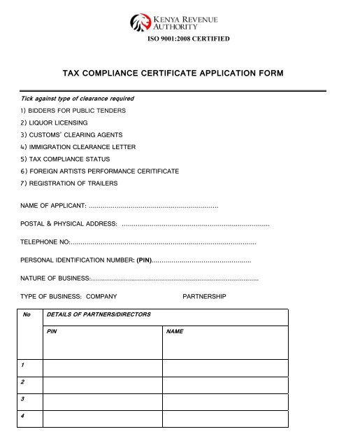Tax Compliance Certificate Application Form