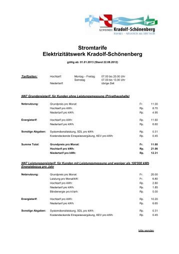 Stromtarife ab 01. Januar 2013 - Gemeinde Kradolf-SchÃ¶nenberg