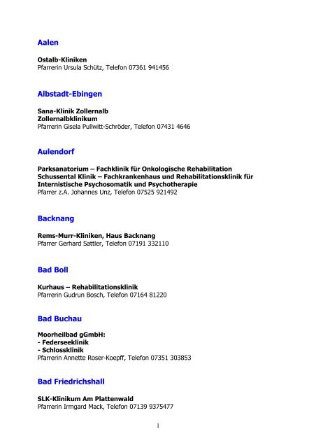 Krankenhausseelsorge - Liste nach Kliniken 09.10