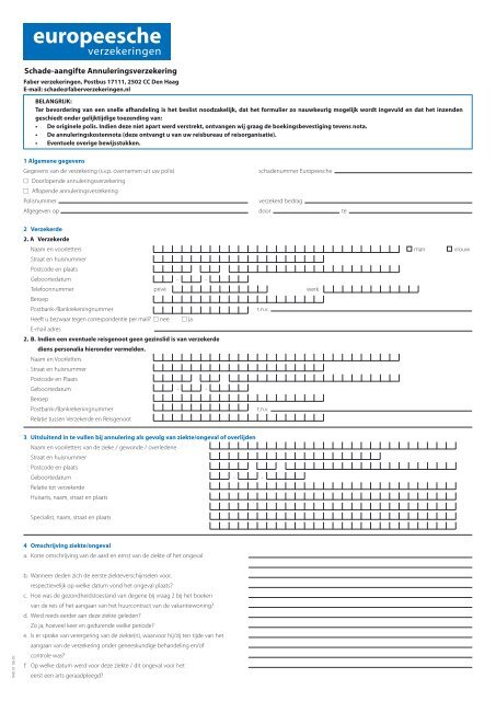 Formulier Schade-aangifte Annuleringsverzekering - Kras