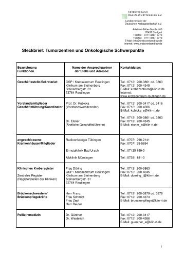 Steckbrief Onkologischer Schwerpunkt Reutlingen - Krebsverband ...