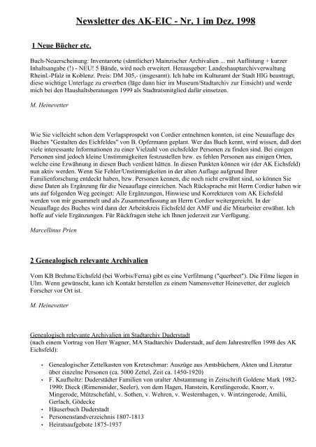 Newsletter des AK-EIC - Nr. 1 im Dez. 1998 - Arbeitskreis Eichsfeld