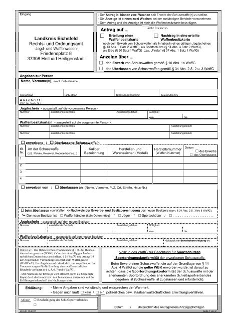 Antrag Waffenbesitzkarte für Jäger und Erben - Landkreis Eichsfeld