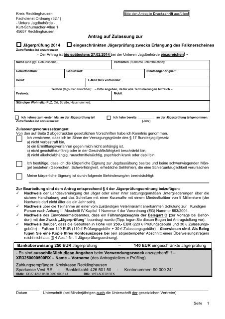Antrag auf Zulassung zur Jägerprüfung - Kreis Recklinghausen